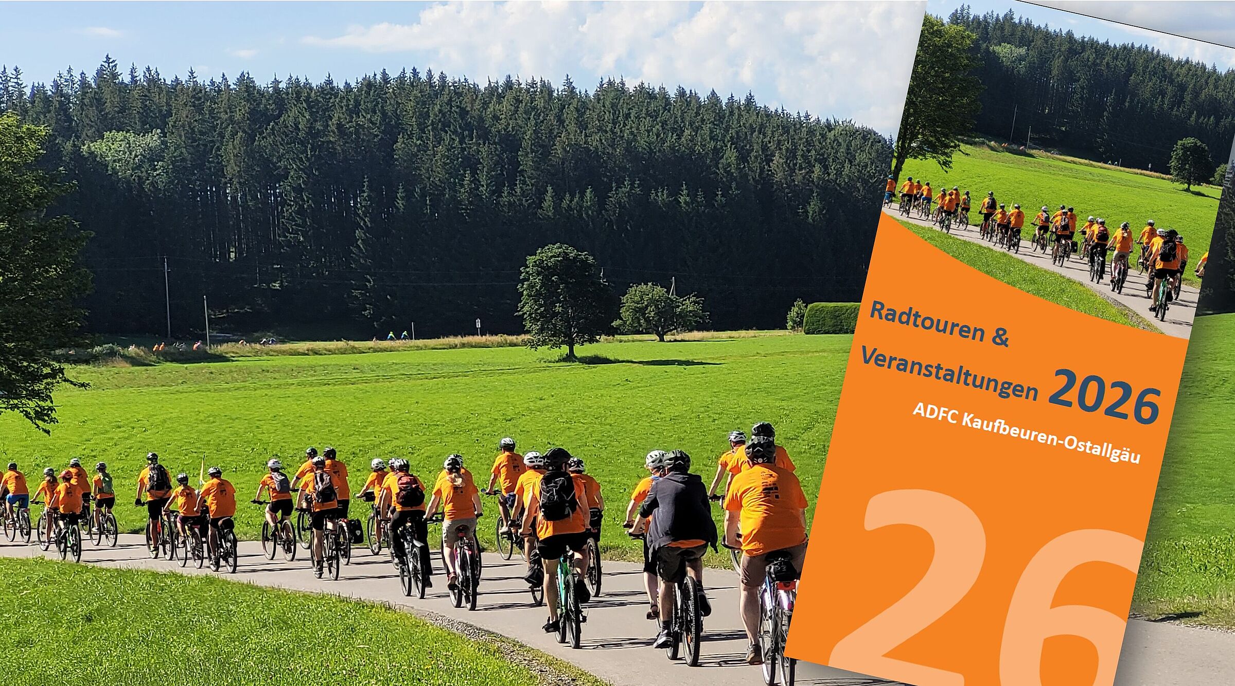 Flyer vor Landschaft mit Radlergruppe