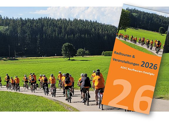 Flyer vor Landschaft mit Radlergruppe