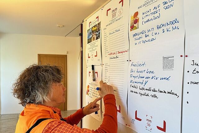 Frau trägt Text auf Plakat ein